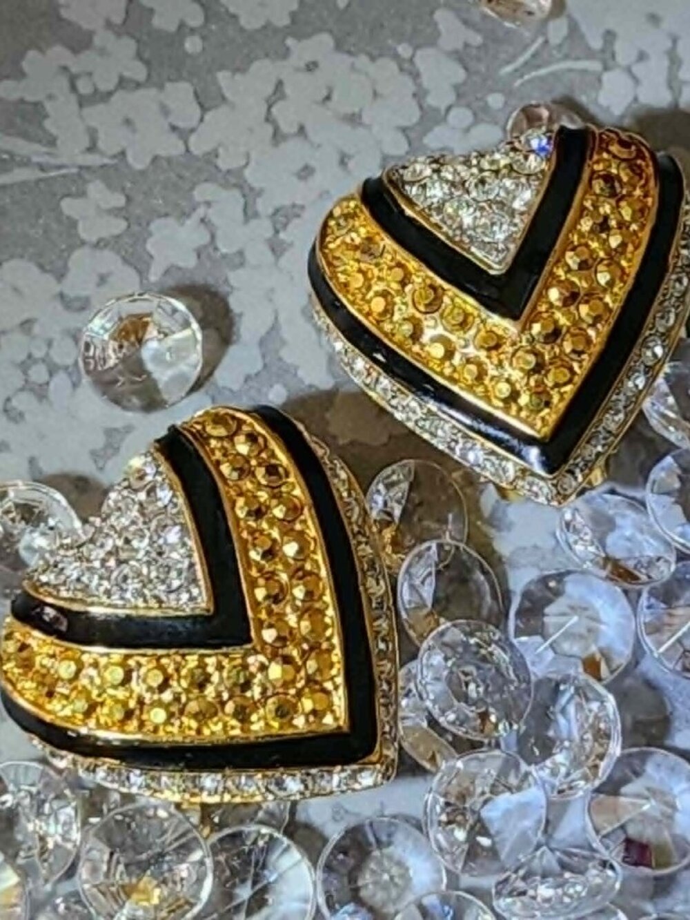 Vintage Joan Rivers Swarovski Crystals & Black Enamel Heart Clip-on Earrings,